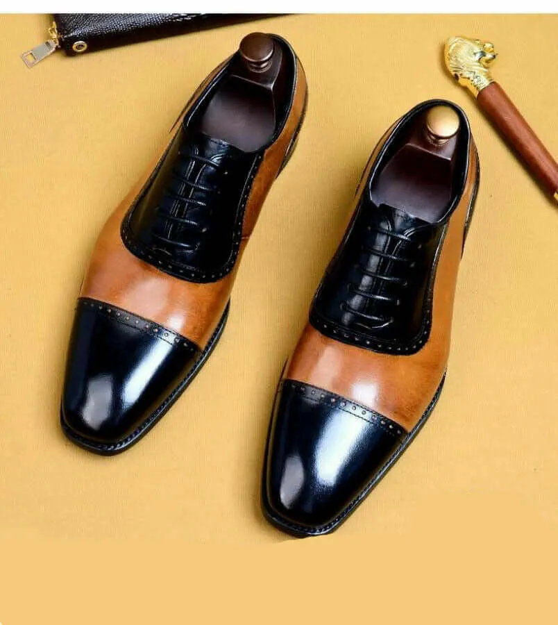 Stylish Handmade Men's Tan & Black Two Tone Leather Shoes, Fashion Formal Leather Shoes