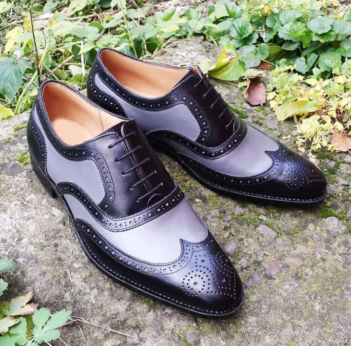 Stylish Men's Handmade Gray & Black Leather Wing Tip Brogue Lace Up Dress Shoes