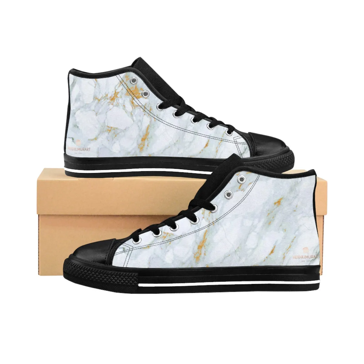 White Marbled Men's High Tops, White Gray Marble Abstract Print Premium Quality Men's High-Top Fashion Sneakers (US Size 6-14)