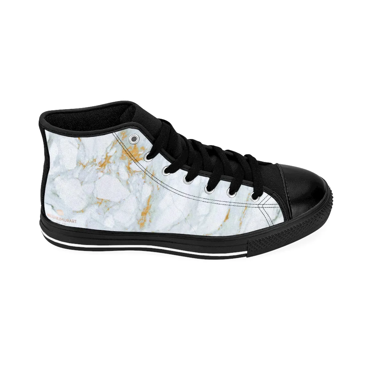 White Marbled Men's High Tops, White Gray Marble Abstract Print Premium Quality Men's High-Top Fashion Sneakers (US Size 6-14)