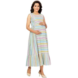 White Striped Printed Nursing Maternity Dress