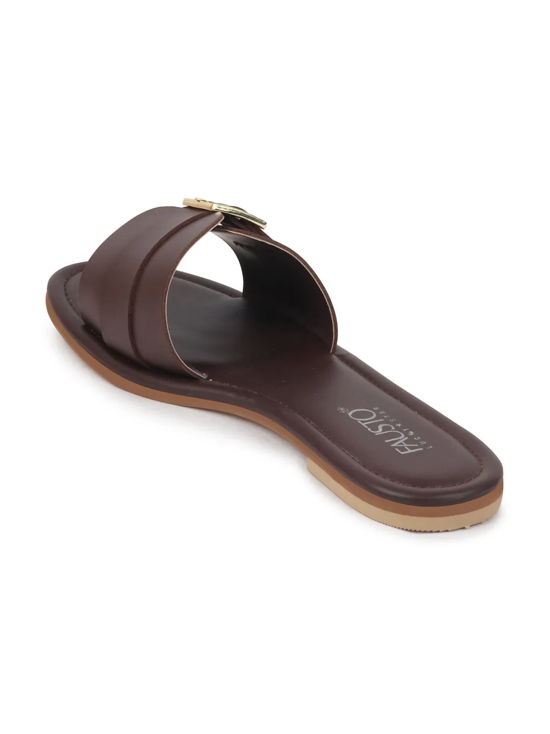 Women Brown Slip-On Casual Outdoor Adjustable Strap Open Toe Flats Slippers