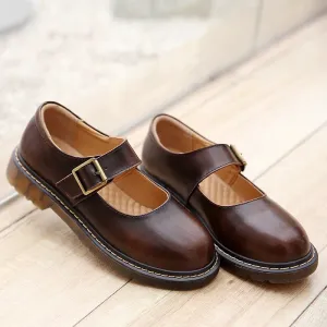 Women Vintage Buckle Leather Mary Janes Shoes - Flats