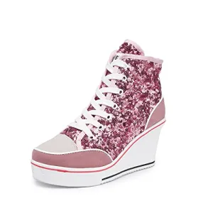 Women's Canvas High-Heeled Bling Shoes Casual Shoes Fashion Sparkling Sneakers for Walking Platform Wedges Pump Shoes Pink, 8