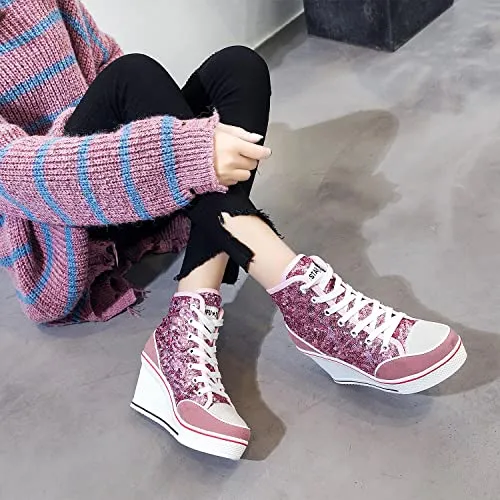 Women's Canvas High-Heeled Bling Shoes Casual Shoes Fashion Sparkling Sneakers for Walking Platform Wedges Pump Shoes Pink, 8